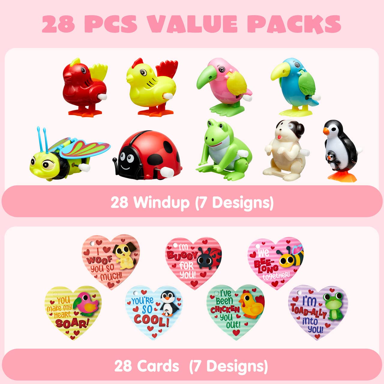 JOYIN 28 PCS Valentines Wind-up Toy with Cards for Kids, Valentines Party Favors, Goody Bag Fillers, Valentine Exchange Cards, Novelty Funny Gifts, Valentines Gift Cards
