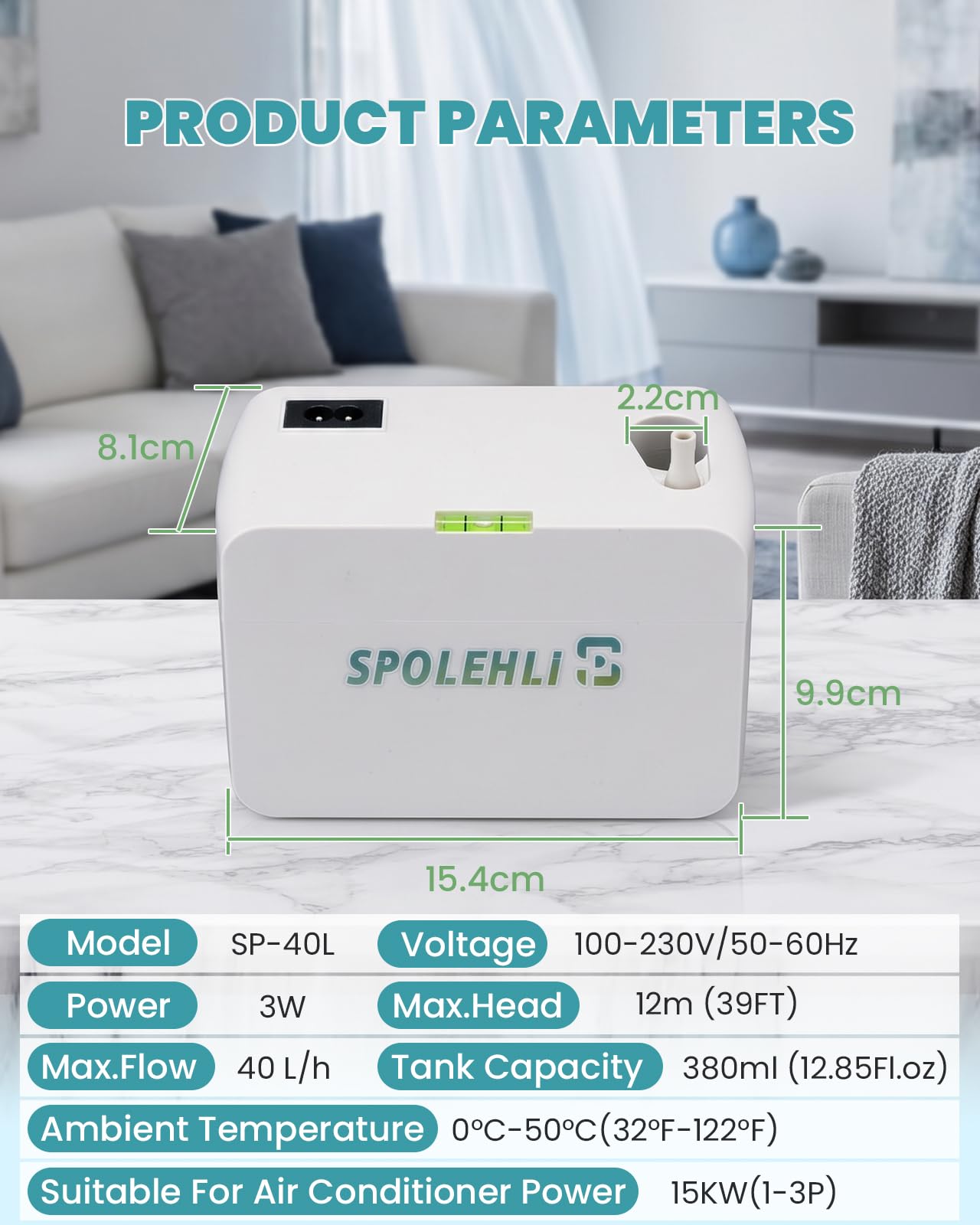 Pompa a condensa da 40 l/h, per condizionatore d'aria, con serbatoio dell'acqua da 380 ml e tubo da 5 m, impianto di sollevamento della condensa per una potenza massima di 15 kW (1-3P) per