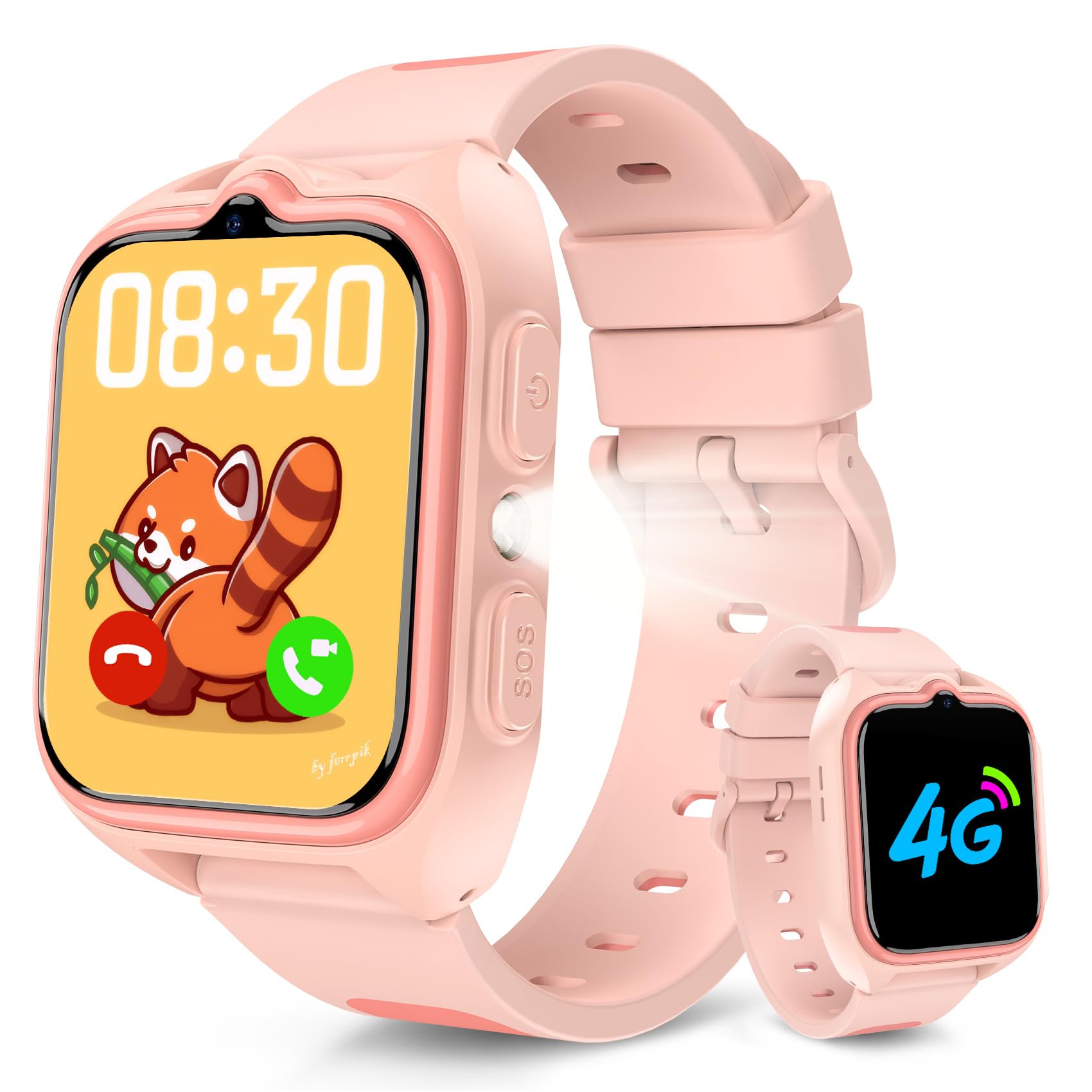 4G Montre Connectée Enfant avec Appel Vidéo et GPS, Compatible Nano SIM, Messages Vocaux, SOS, Mode École, Lampe Torche, Étanche IP67, Podomètre, 2 Modes de Port, Android iOS, pour Filles 4-12 Ans