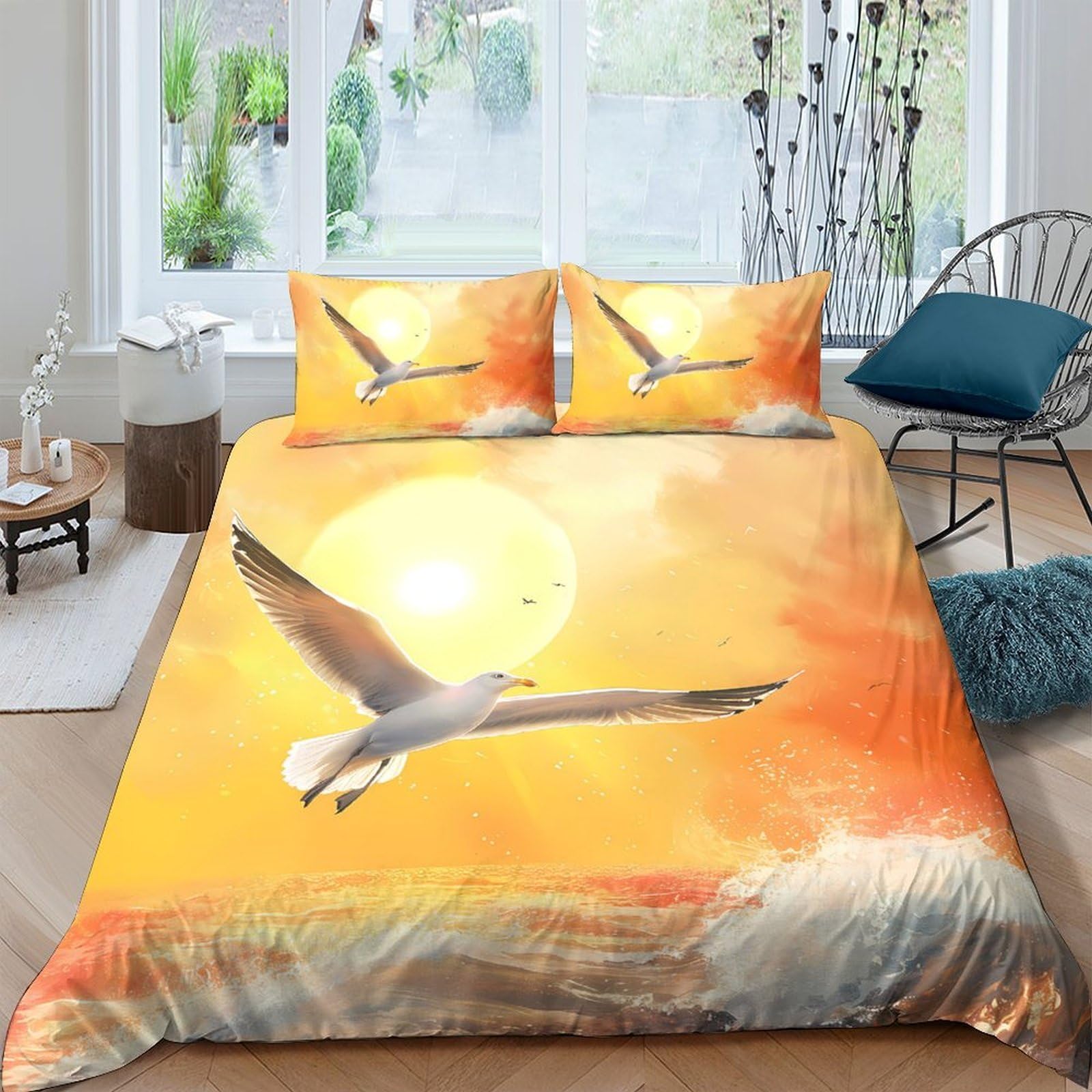 GPLZQXKJNH 3D Printed Sunset Seagull Duvet Cover Microfiber Soft Breathable Ocean Bird Bedding Set with 2 Pillowcases for Bedroom Decor Single（135x200cm）