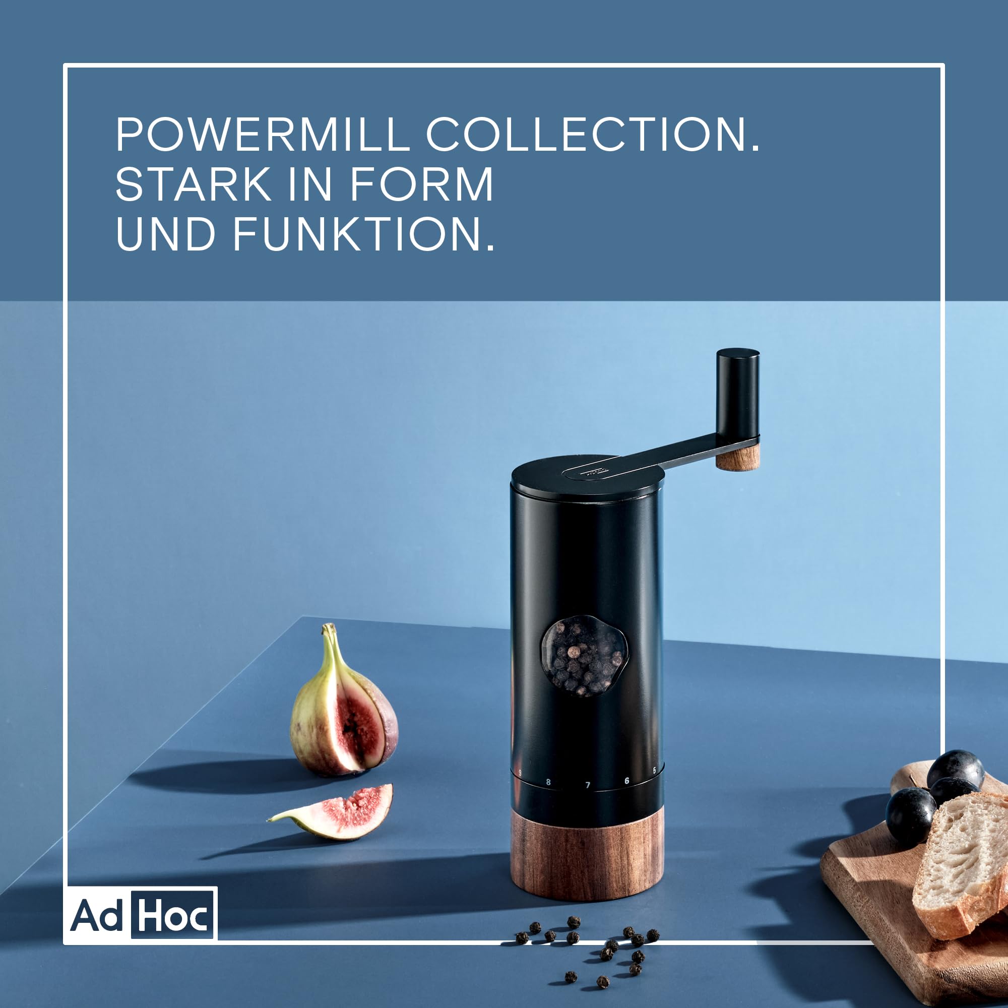 AdHoc PowerMill Pfeffer- oder Salzmühle mit Getriebe, Gewürzmühle Schwarz | XL-CeraCut Keramikmahlwerk, 12 Mahlgrade von fein bis grob, müheloses Mahlen dank Getriebe in Kurbel, Edelstahl & Akazienholz