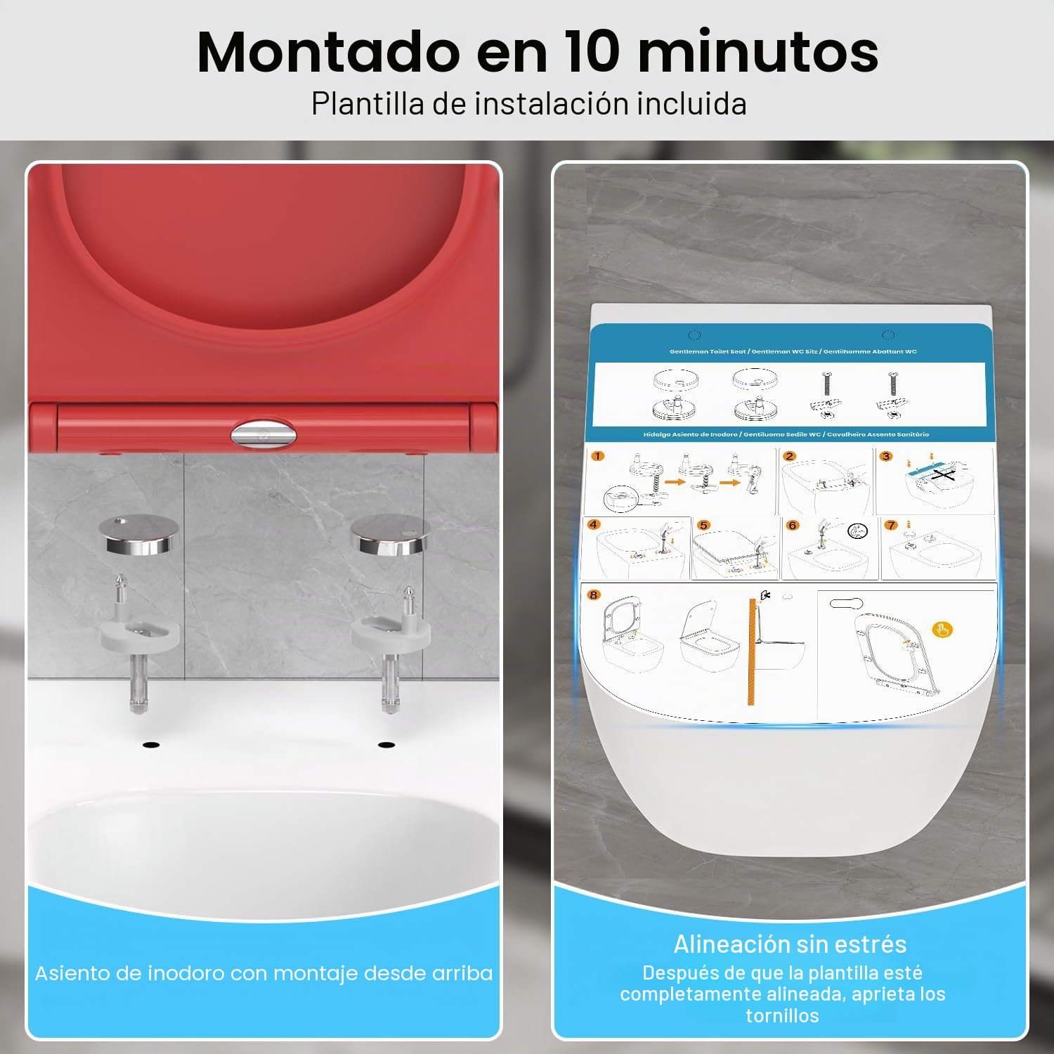 Tapa WC Forma Cuadrado Ultrafino [CORTO], Asiento de Inodoro Cuadrado con Cierre Suave y Liberación Rápida para una Fácil Limpieza, Rojo, 42,5 * 34,5 cm
