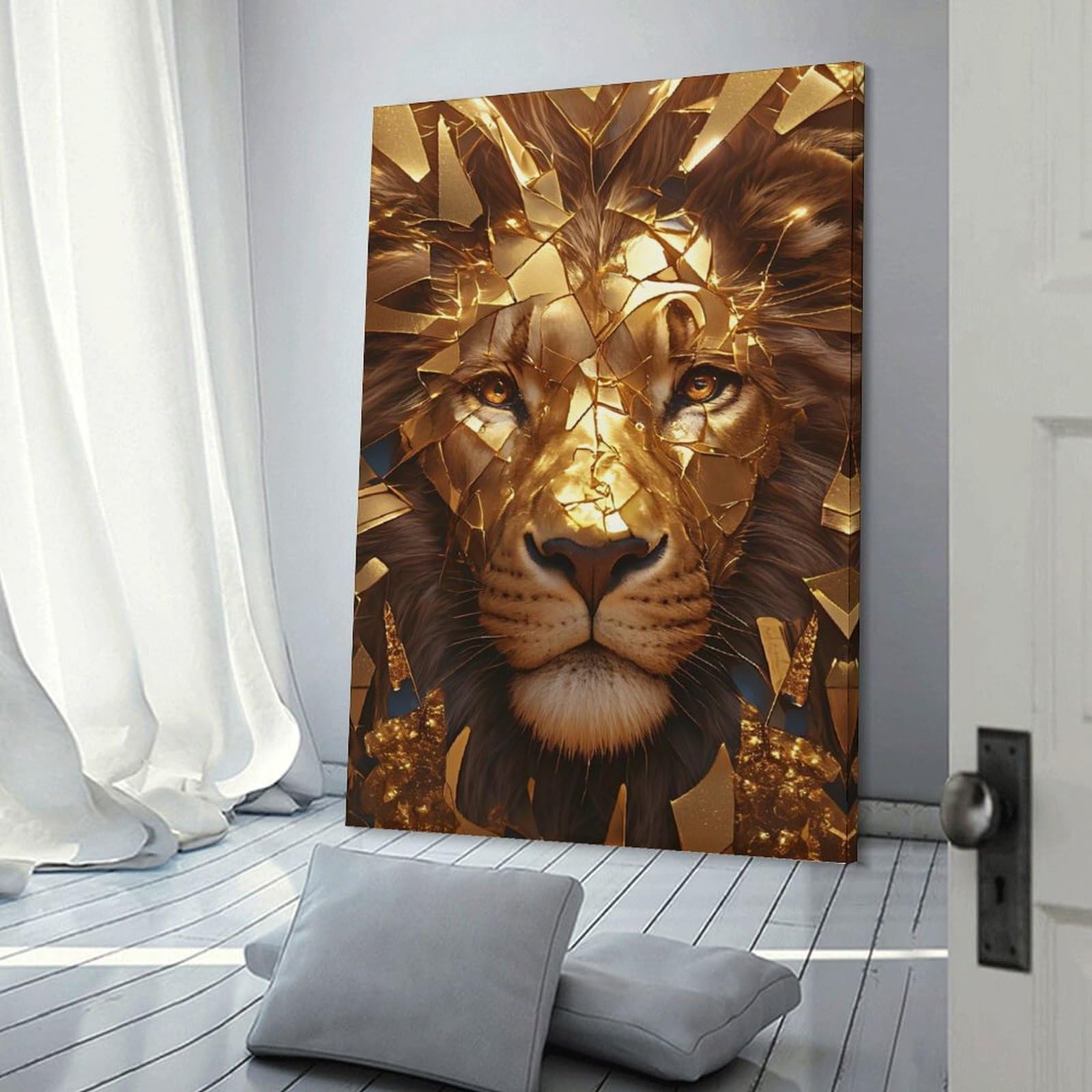Junmoney Frame-Style-14-1 Golden Lion With Shattered Mask Decorative Wall Artwork, 20X30inch(50X75cm), For Home Lounge, Bedroom Or Reading Nook, Eye Catching Artwork For Blank Walls