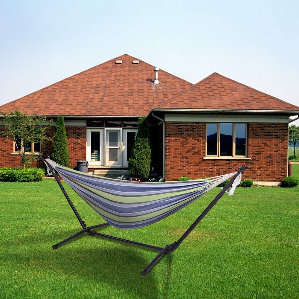 Hamac - 305 x 109 x 104 cm - Avec structure - Charge maximale : 250 kg - Réglable sur 6 hauteurs différentes - Cadre en métal pour jardin - Violet vert