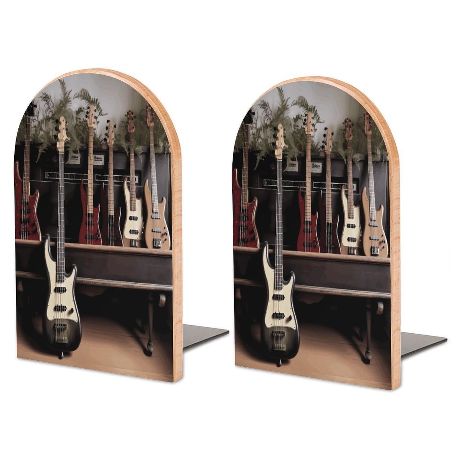 Guitar Bass Music Musical Instruments Bookend for Shelves Non-Skid Book Holder Modern Heavy Duty Bookend Stopper Metal Base Wood Book End Books Shelf Holder Home Decorative 1pair 6.7x3.9x4.7