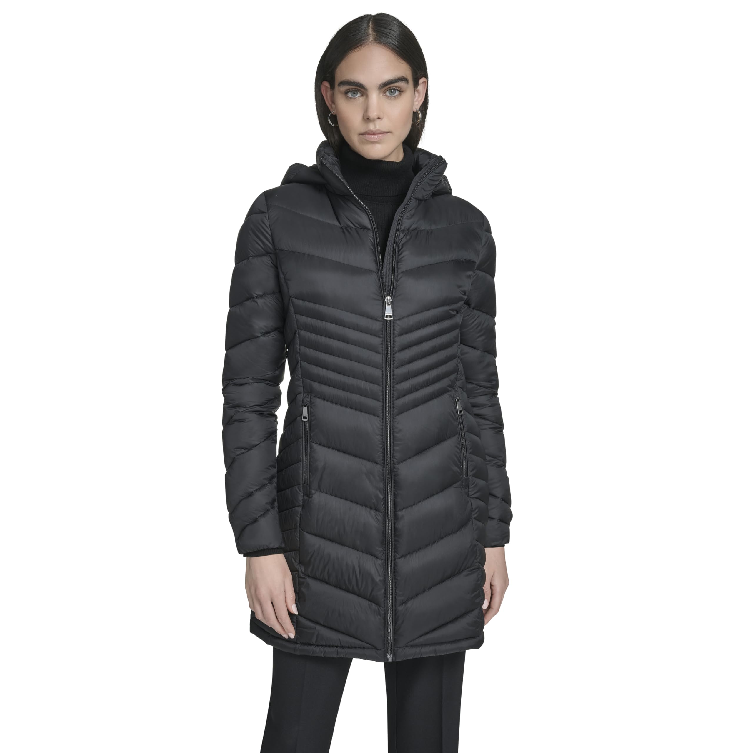 Women's Hooded Chevron Quilt Puffer Coat – Slimming Longline Winter Jacket Parka (pack of 1)