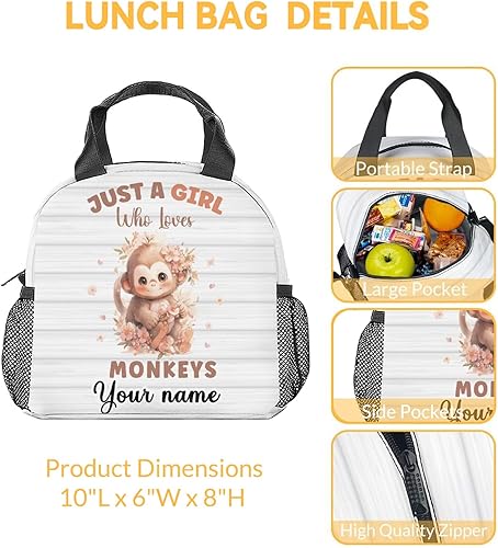 Miniatura 3 de Lonchera personalizada con diseño de mono para niñas y niños, pequeñas bolsas de almuerzo aisladas, lonchera reutilizable Kawaii para niños, bolsas