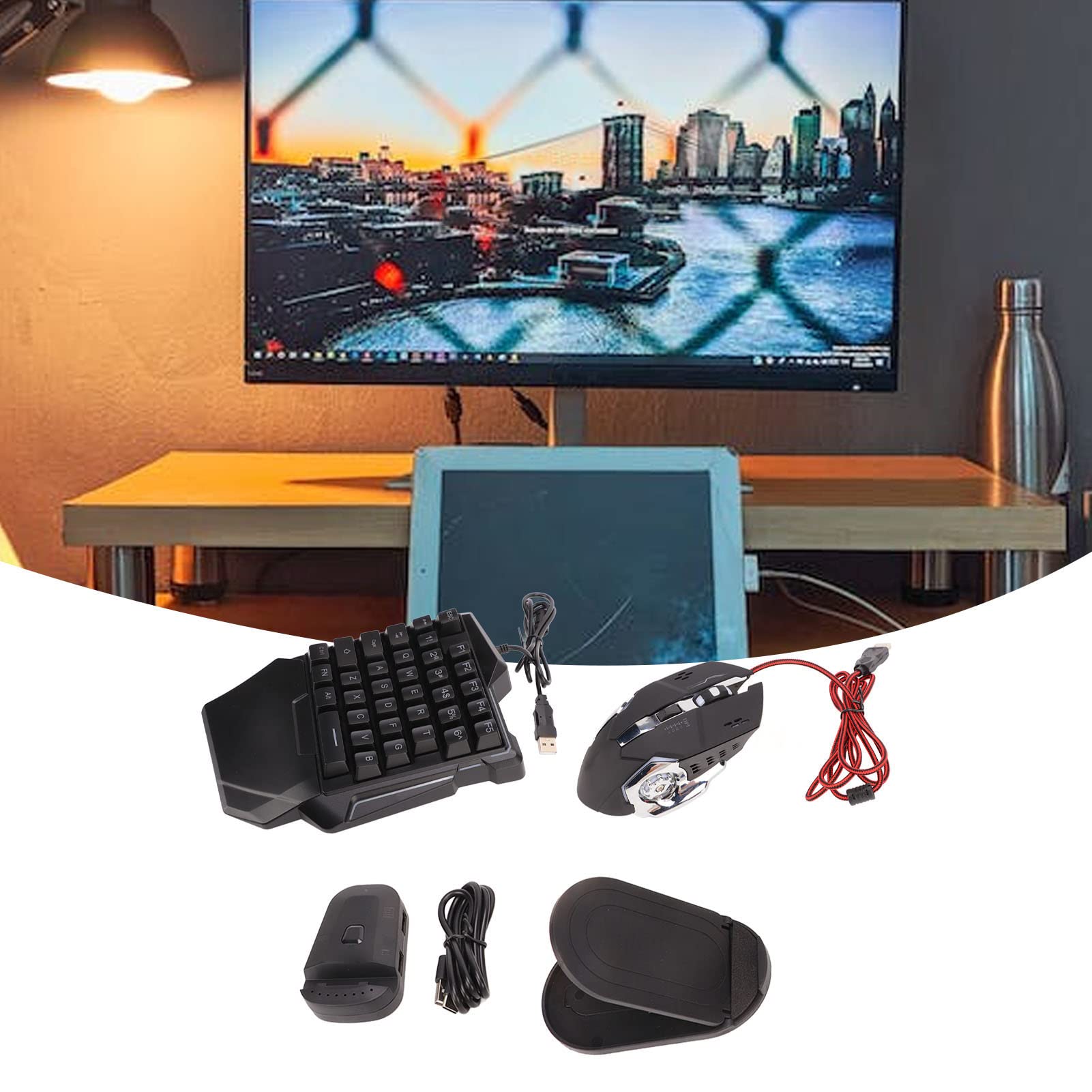 Bewinner Einhand-RGB-Gaming-Tastatur und Hintergrundbeleuchtete Maus-Kombination, USB-Kabel, 35-Tasten-Tastatur, 6-Tasten-Gaming-Maus-Konverter-Set mit Halterung für PC-Gamer