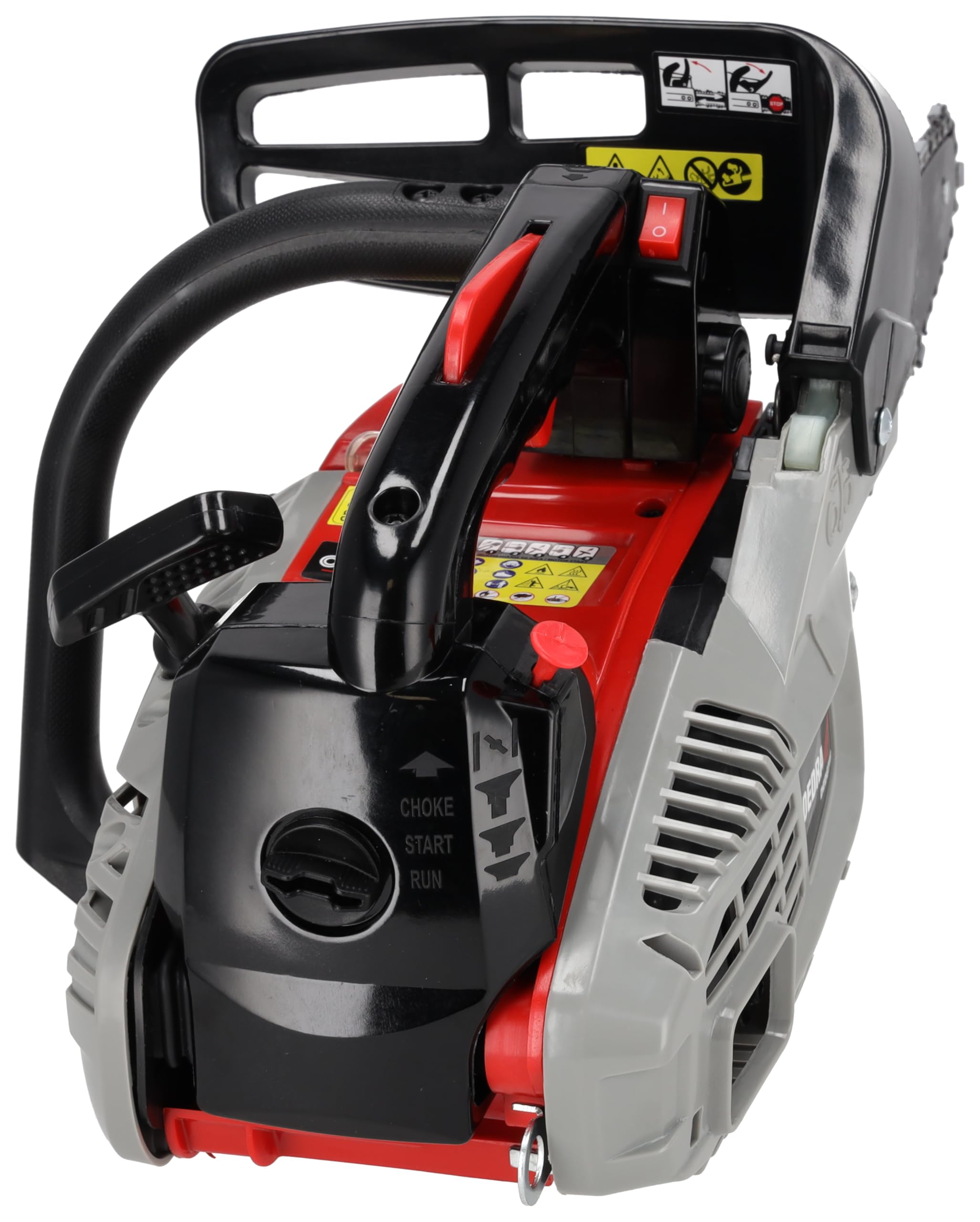 DEDRA Motosierra con motor de gasolina, minimotosierra, potencia 1,0 kW, 25,4 cm³, riel guía de 10" (25 cm), motor de dos tiempos refrigerado por aire, cadena de zapatos bajos, hasta 11500 rpm