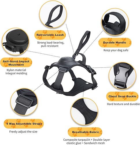 Miniatura 3 de Arnés para perro todo en uno con correa retráctil, arnés para perro sin tirones, función automática de impacto antiestallido y manos libres, arnés