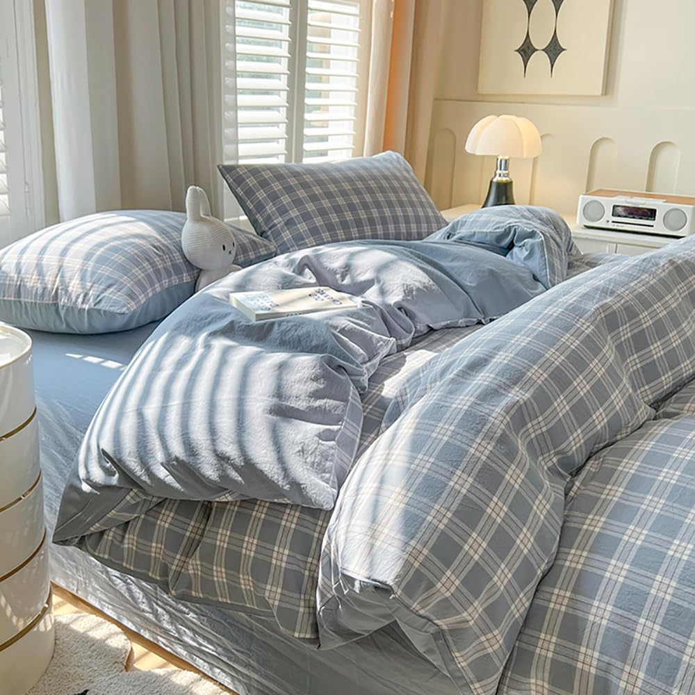 Covebett Blue Gingham Duvet Cover Double Blue White Gingham Plaid Checkered Grid Bedding Set Check Modern Washed Microfiber Comforter Cover 200x200 cm with Zipper Closure and 2 Pillowcases 50x75 cm โ image 1