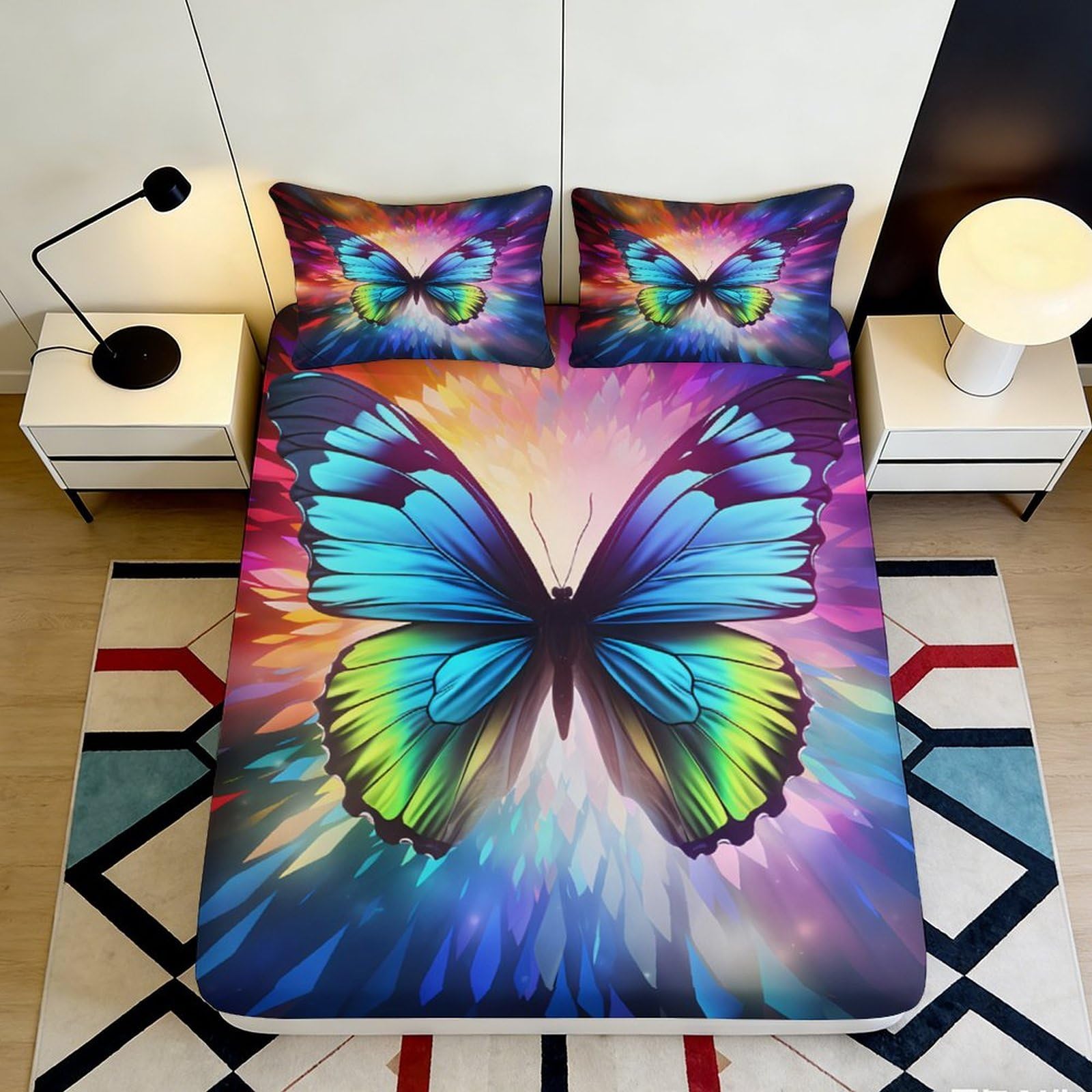 Jqzkxnhpbr Style-3 3D Printed Blue Butterfly Fitted Sheet Microfiber Bedroom Decor Colorful Artistic Mattress Cover For Home Dorm Room Protection 90X200x25cm