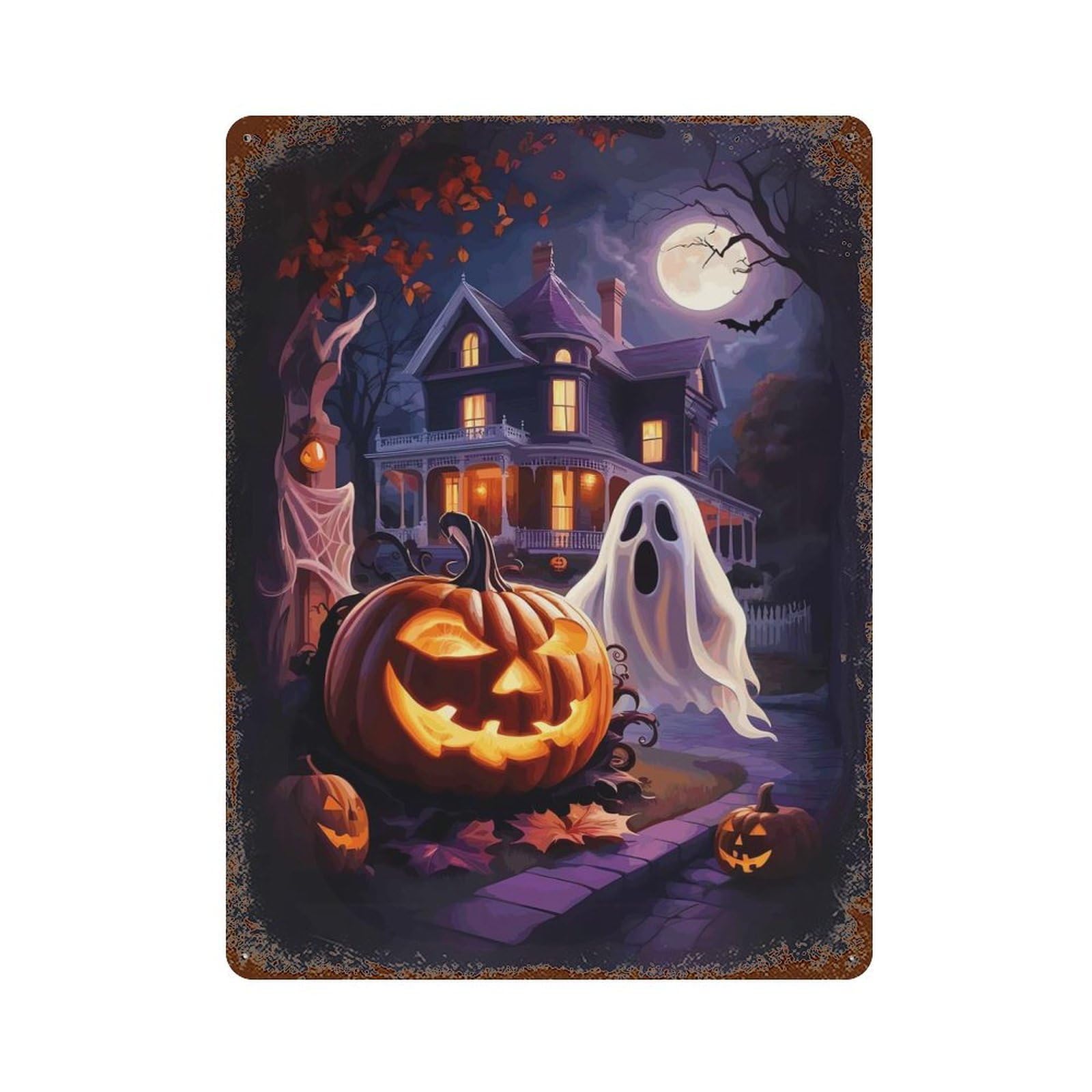 Aged Metal Wall Plaque with Halloween Pumpkin & Ghost Design 15.7"x11.8", for Basement, Hobby Room And Garage Decor, Farmhouse Wall Decor