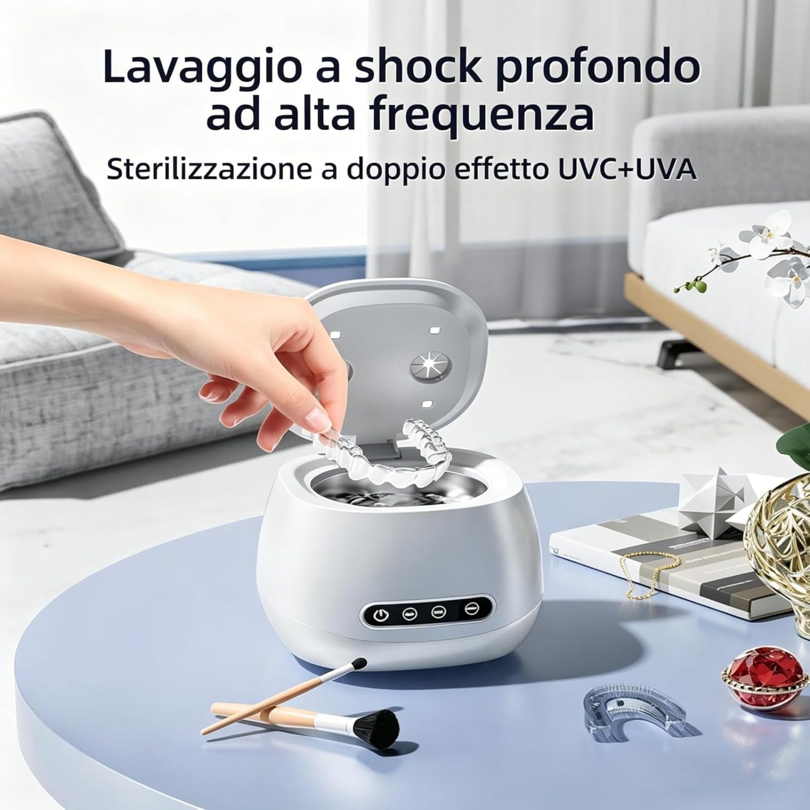 Cleon - Pulitore ad Ultrasuoni 45000Hz con 3 modalità, Vasca in Acciaio Inossidabile, Pulizia Rapida, per Igienizzare Bite, Dentiere (Nero)