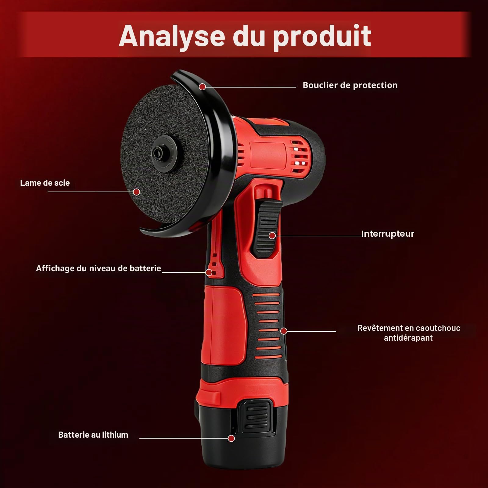 Mini meuleuse d'angle avec 2 batteries de 1200 mAh, meuleuse d'angle professionnelle sans fil, meuleuse d'angle avec 6 disques à tronçonner, pour couper, polir, poncer et dérouiller