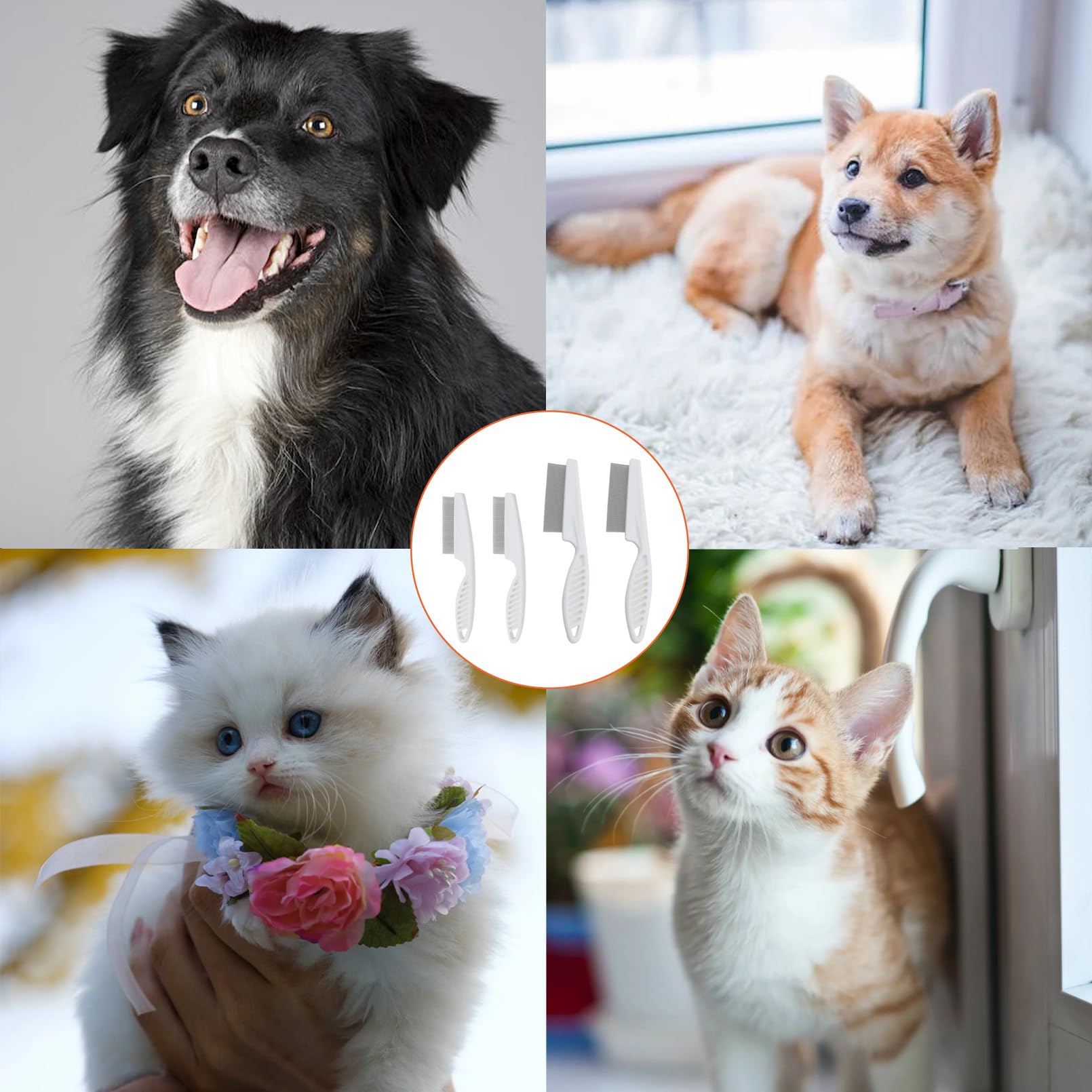 4 Pièces Peigne Anti Puces pour Chien et Chat, Anti Poux D'animaux avec Tête en Métal pour le Toilettage du Visage et Des Pattes - Cheveux Longs (Blanc)