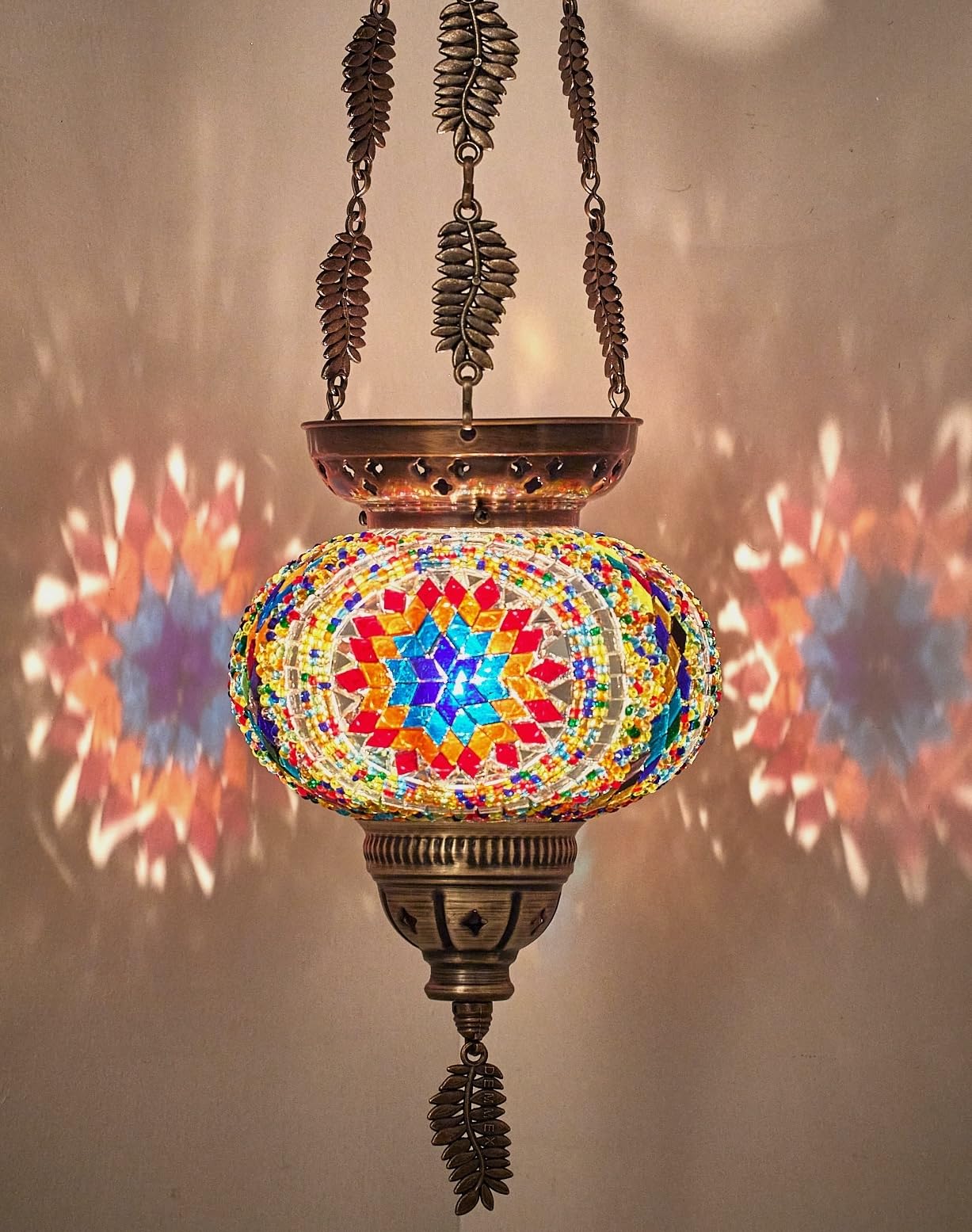 DEMMEX Turkish Moroccan Colorful Mosaic Bohemian Boho Hanging Candle Holder Lantern with Handmade Colorful Glass Globe and Metal Leaf Chains, 24" (Space Fire)