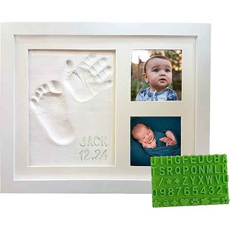 Baby Handprint & Footprint Keepsake Photo Frame Kit - Personalize it w/Bonus Stencil! Non-Toxic Clay, Wall/Table Wood Picture Frame. Perfect Registry, Baby Shower, New Mom, Birthday & Newborn Gift!