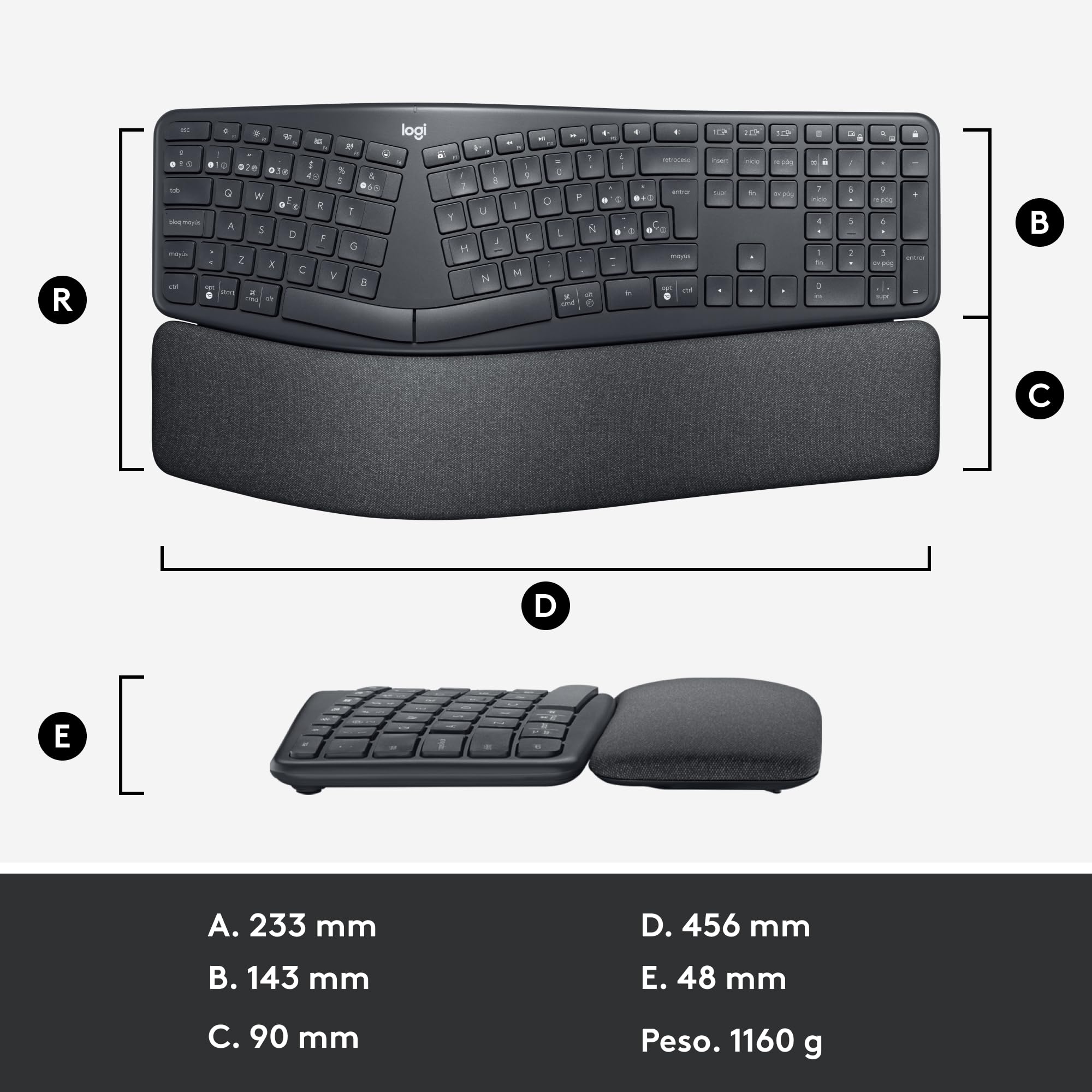 Logitech Ergo K860 Teclado inalámbrico y ergonómico - Teclado Partido, reposamanos, Escritura Natural, conectividad Bluetooth y USB, Compatible con Windows/Mac, Disposición QWERTY Español - Grafito