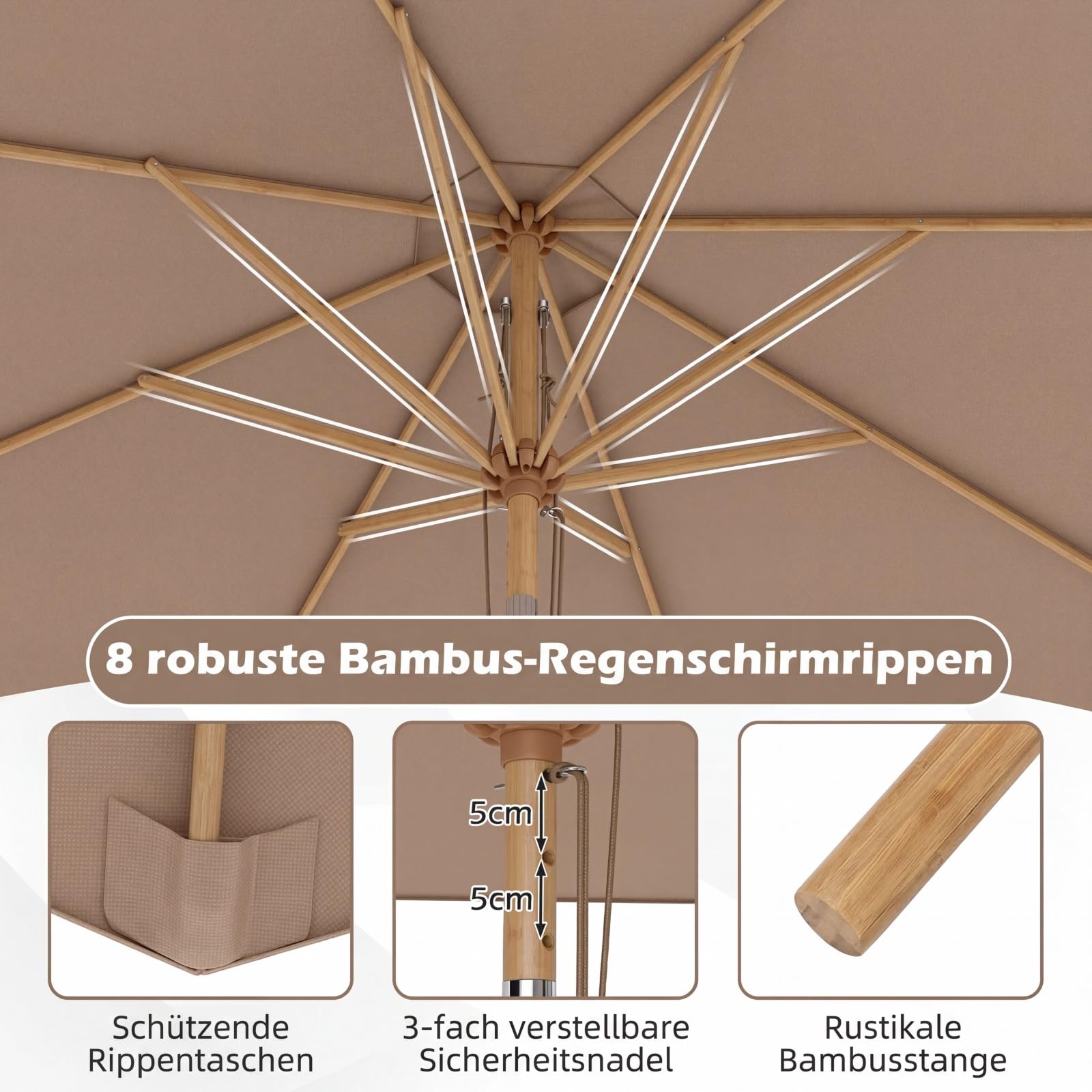 COSTWAY Sonnenschirm 270 cm, Gartenschirm aus Holz, beidseitig um 30° knickbar, Balkonschirm, Terrassenschirm, Sonnenschutz, Marktschirm für Garten, Balkon, Terrasse (Khaki Tan)