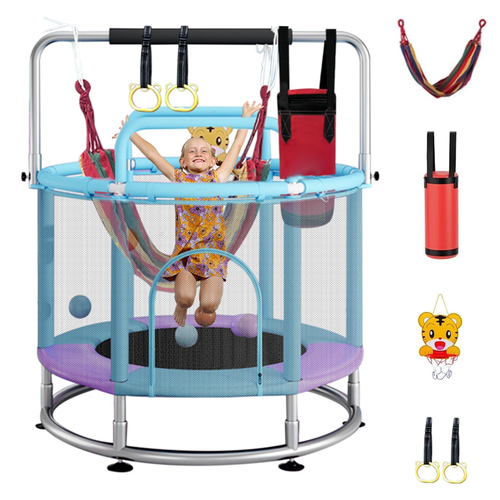 Trampoline pour enfants, avec filet sur tout le pourtour et barres de gymnastique réglables pour l'intérieur, l'extérieur, pour enfants, garçons, filles, 140 cm