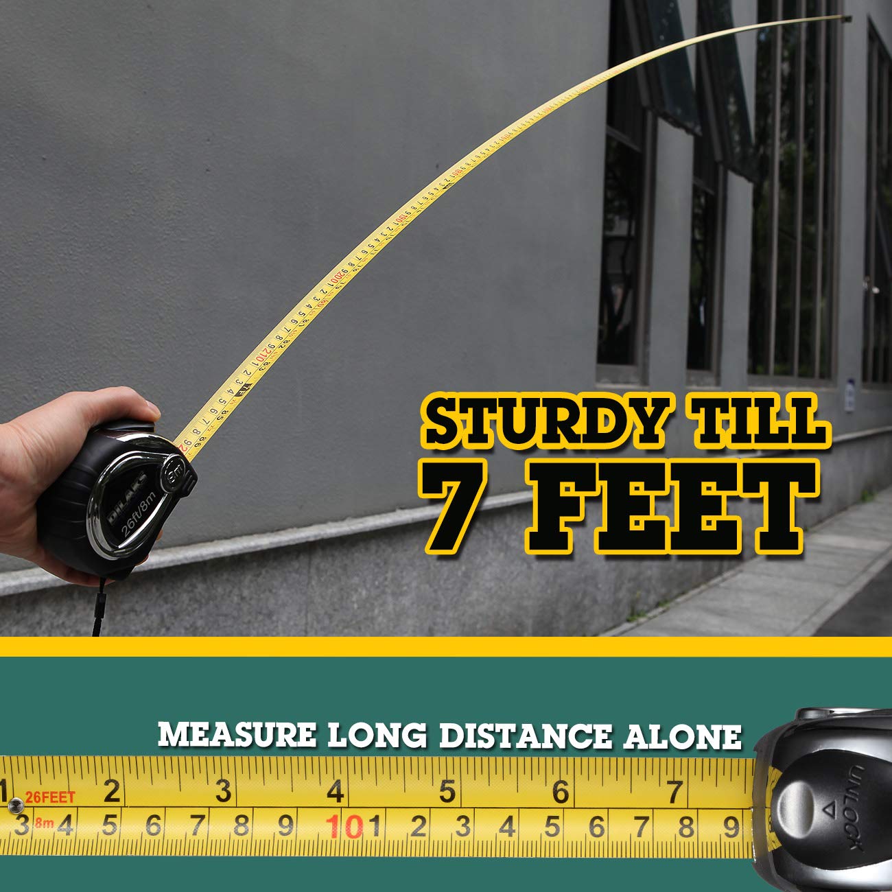 DILAKS Auto-Lock Measuring Tape Measure, 26Ft (8m) Inch Metric Ruler, 1 Inch Wider Stainless Matte Blade, Magnetic Hook, Solid Rubber Case - - 