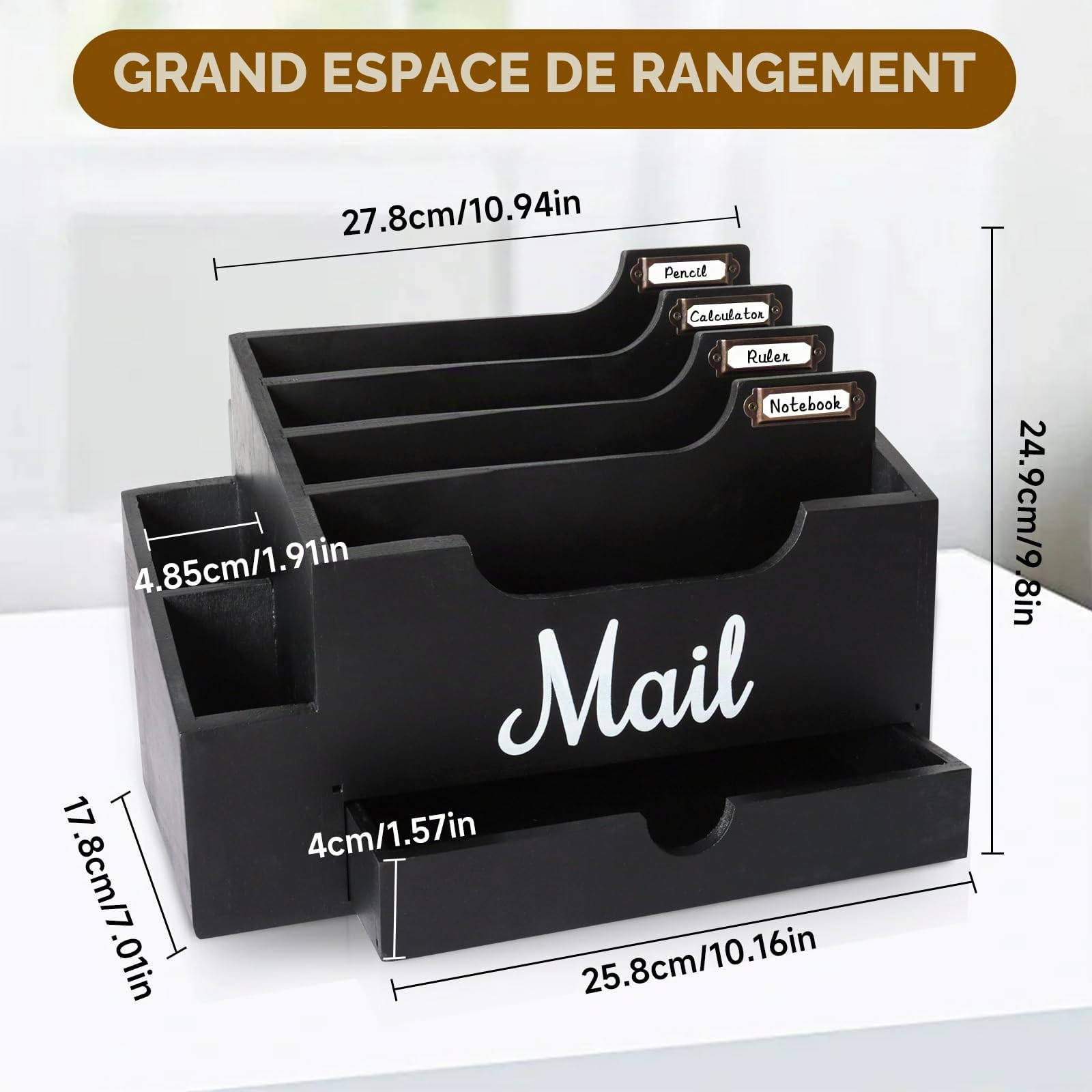Organiseur de Courrier de Bureau en Bois et Tiroir, Noir