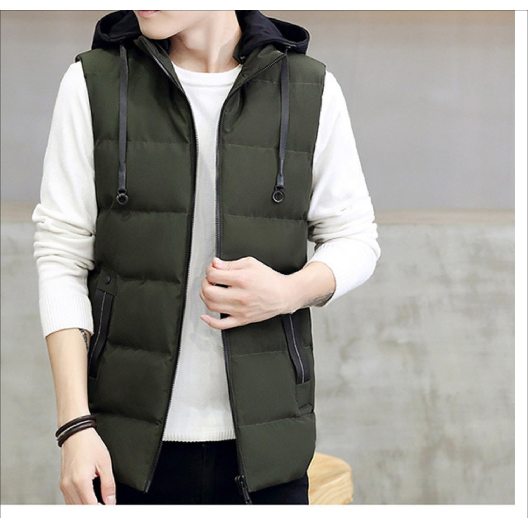 JEShifangjiusu Gilet da uomo leggero e resistente al vento, giacca invernale senza maniche con cappuccio staccabile con zip