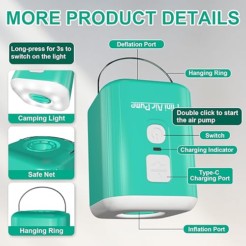 Miniatura 5 de Portable Air Pump for Inflatables Mini Air Pump with 1600mAh Battery & Camping Light - Rechargeable Electric Pump for Vacuum Storage Bags, Air