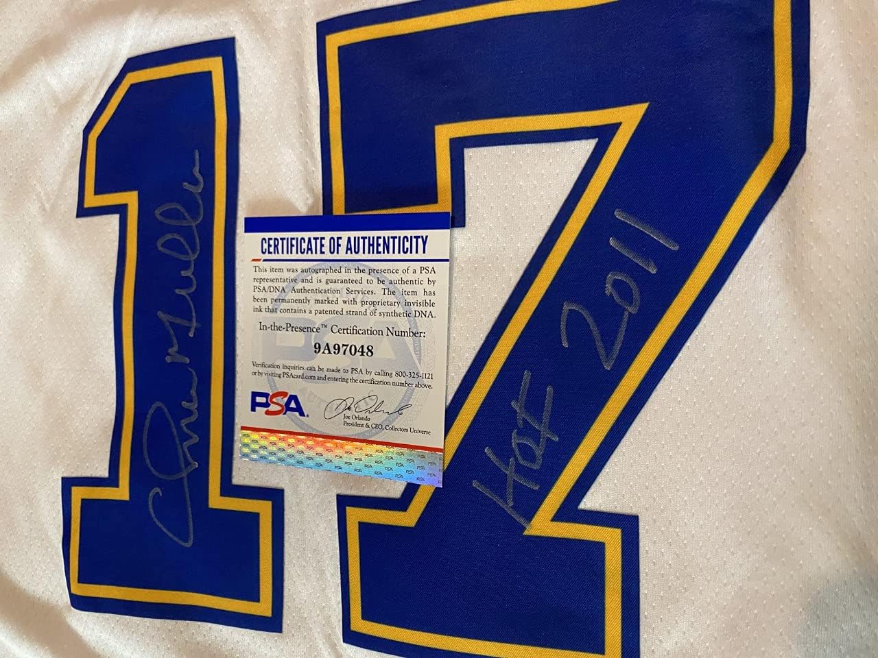 PSA/DNA Authentic Chris Mullin Autograph Throwback White Golden State Warriors Jersey w/HOF Inscription 048