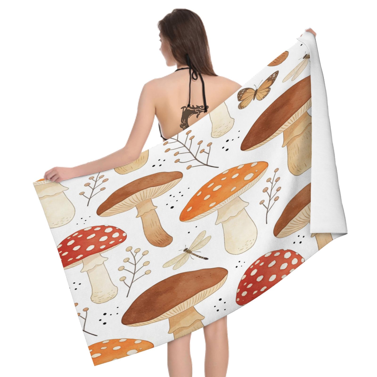 Leichong 3D Watercolor Mushroom Beach Towel Microfiber Soft Quick Dry for Adults, Butterfly Dragonfly Bath Towel Lightweight Soft Absorbent for Travel Swimming Pool Sports, 75 x 150 cm