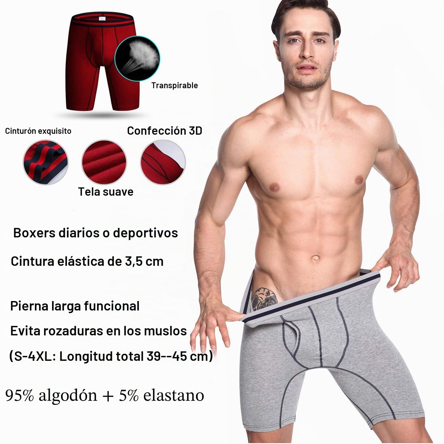 Nuofengkudu Hombre Largos Bóxers Algodon Calzoncillos Deportiva (Pack de 4 o 3)