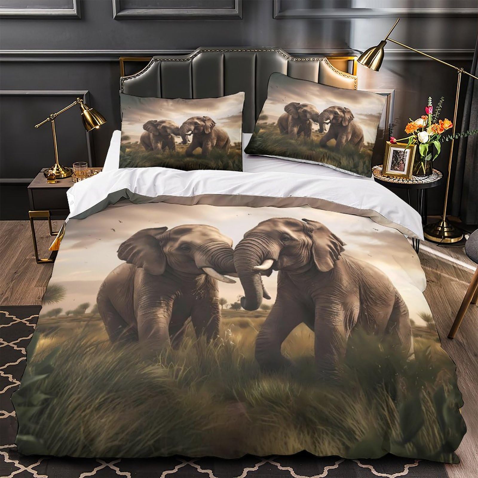Housse de couette éléphants King lavable en machine pour grand lit de couple