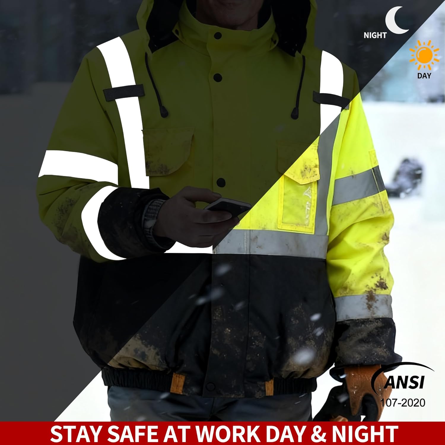 FATONE Hi Vis Jackets for Men Reflective Safety, Construction Worker Winter Coat Waterproof with Black Bottom ANSI/ISEA, Lime 3XL - Image 3