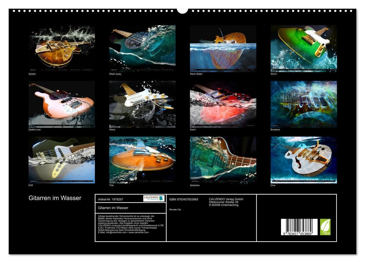 Gitarren im Wasser (hochwertiger Premium Wandkalender 2026 DIN A2 quer), Kunstdruck in Hochglanz: Fantastische, einzigartige Bilder von Gitarren im und unter Wasser (CALVENDO Kunst)