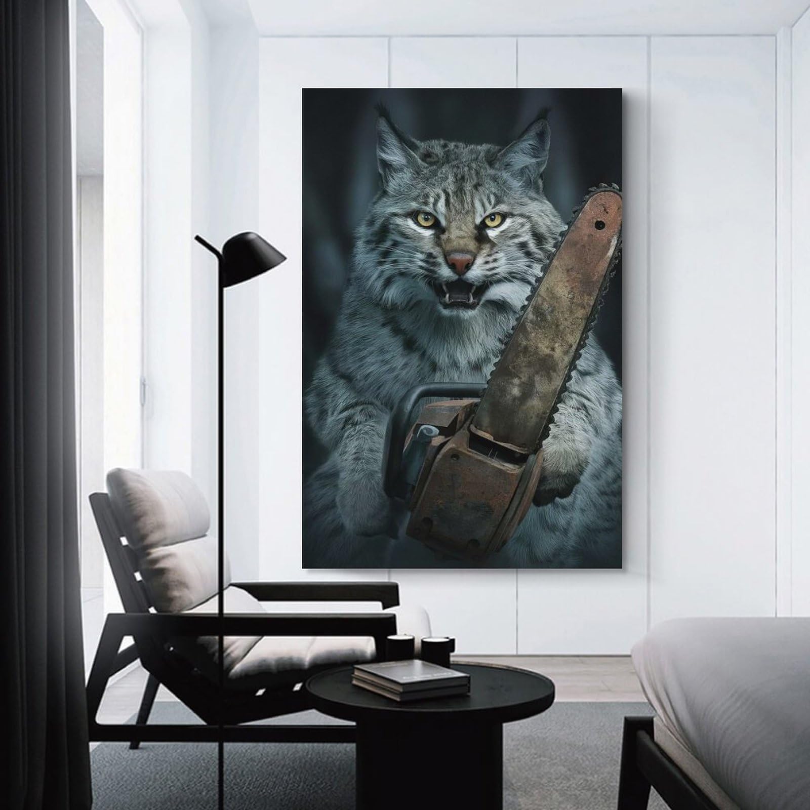 Junmoney Bobcat with Chainsaw Canvas Wall Decor, 24x36inch(60x90cm), for Gallery Wall Decor And Room Displays, Wall Decor Suited to Curated Displays