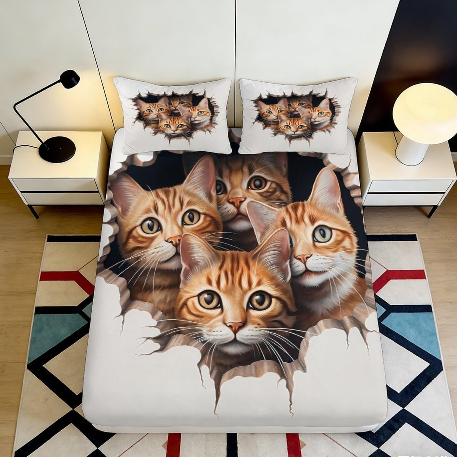 3D Printed Orange Tabby Cats Fitted Sheet Microfiber Soft Breathable Cute Cat Faces Bed Cover for Bedroom Dormitory Guest Room Mattress Protection Decoration 200x200x25cm