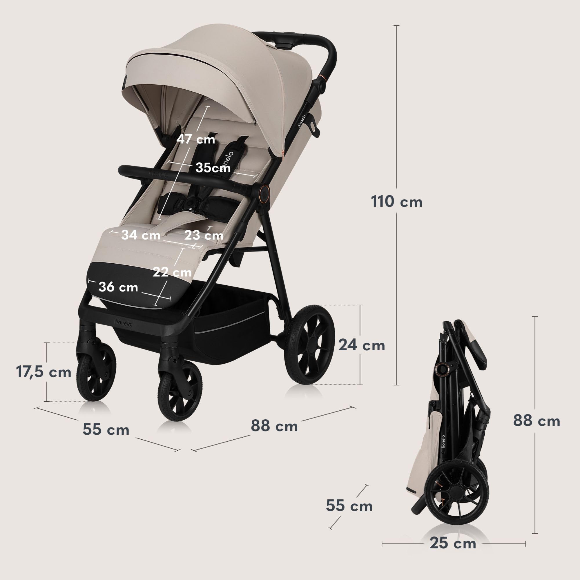 LIONELO IVA Poussette Canne Jusqu'à 22 kg de 6 m à 4 ans Roues Pivotantes à 360° Amortissement Total des Chocs Dossier et Auvent Réglables en Hauteur XXL UPF50+ Tissu de Qualité Supérieure (Beige)