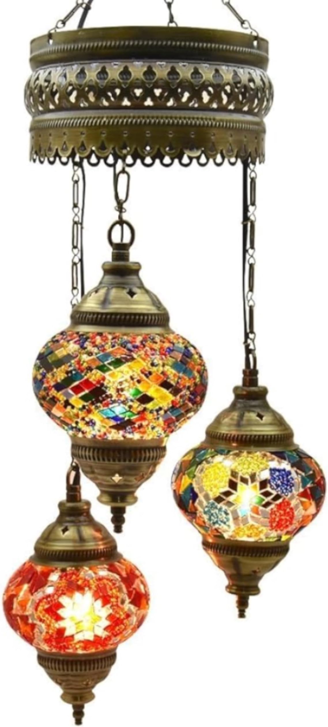 3 Globes Chandelier Lamp Ceiling Hanging Handmade Turkish Mosaic Glass Art Moroccan Lantern Light with Bulbs, 25.5" (65 cm) Height - 4.7" (12 cm) Diameter, Pendant Arabian Tiffany Shade (Life)