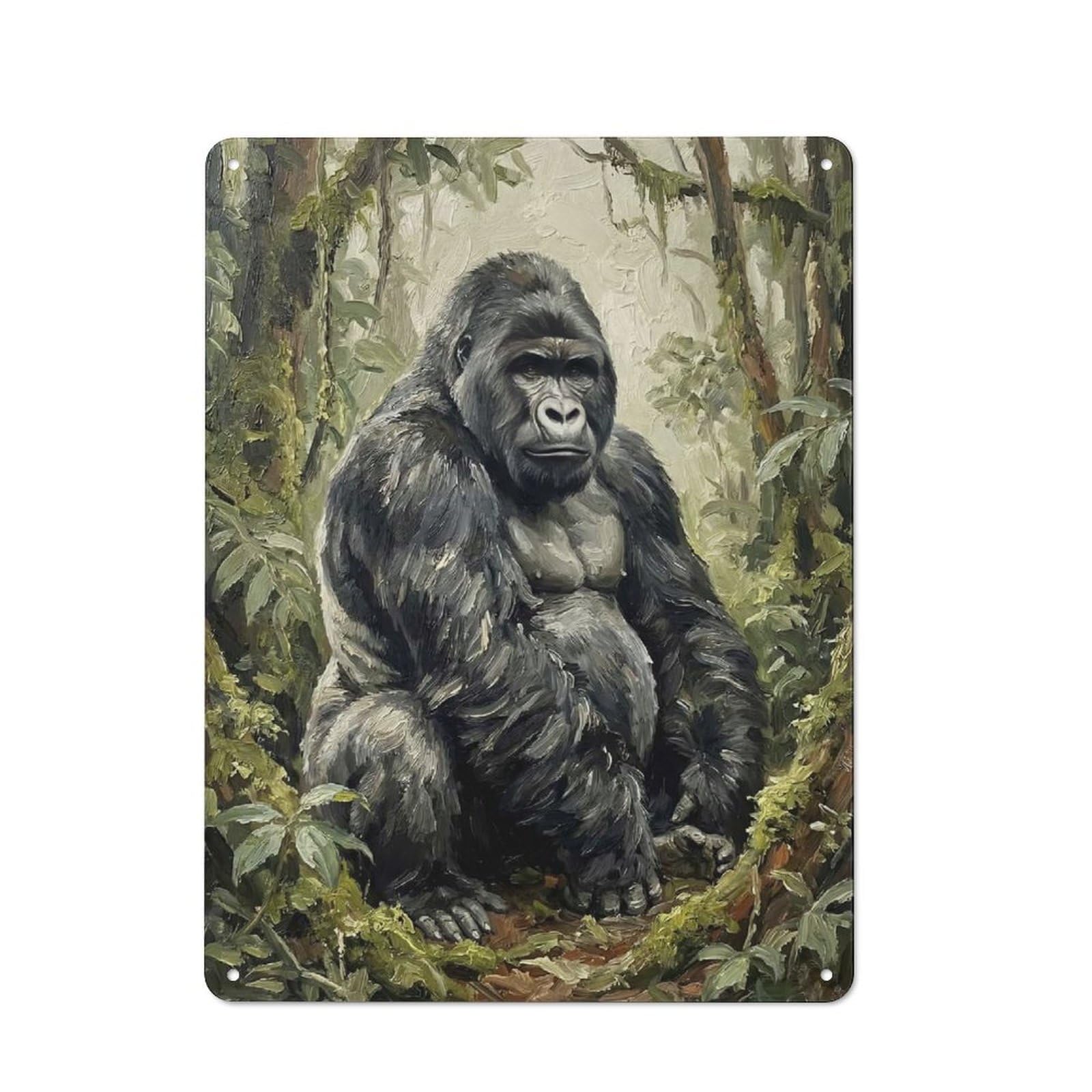 Junmoney Style-23 Majestic Gorilla In Lush Forest Printed Metal Sign 40X30cm For Lounge Or Reading Corner, A Winter Wall Decor Update For Reading Corner Decorators