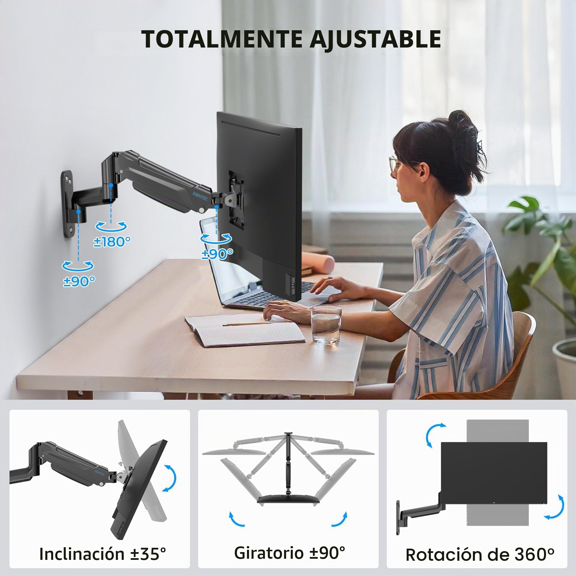 BONTEC Soporte Monitor Pared de 13 a 42 Pulgadas hasta 9 kg, Brazo Monitor Pared con Resorte de Gas Completamente Ajustable, Inclinación y Giro, Altura Ajustable, VESA máx 200x200 mm