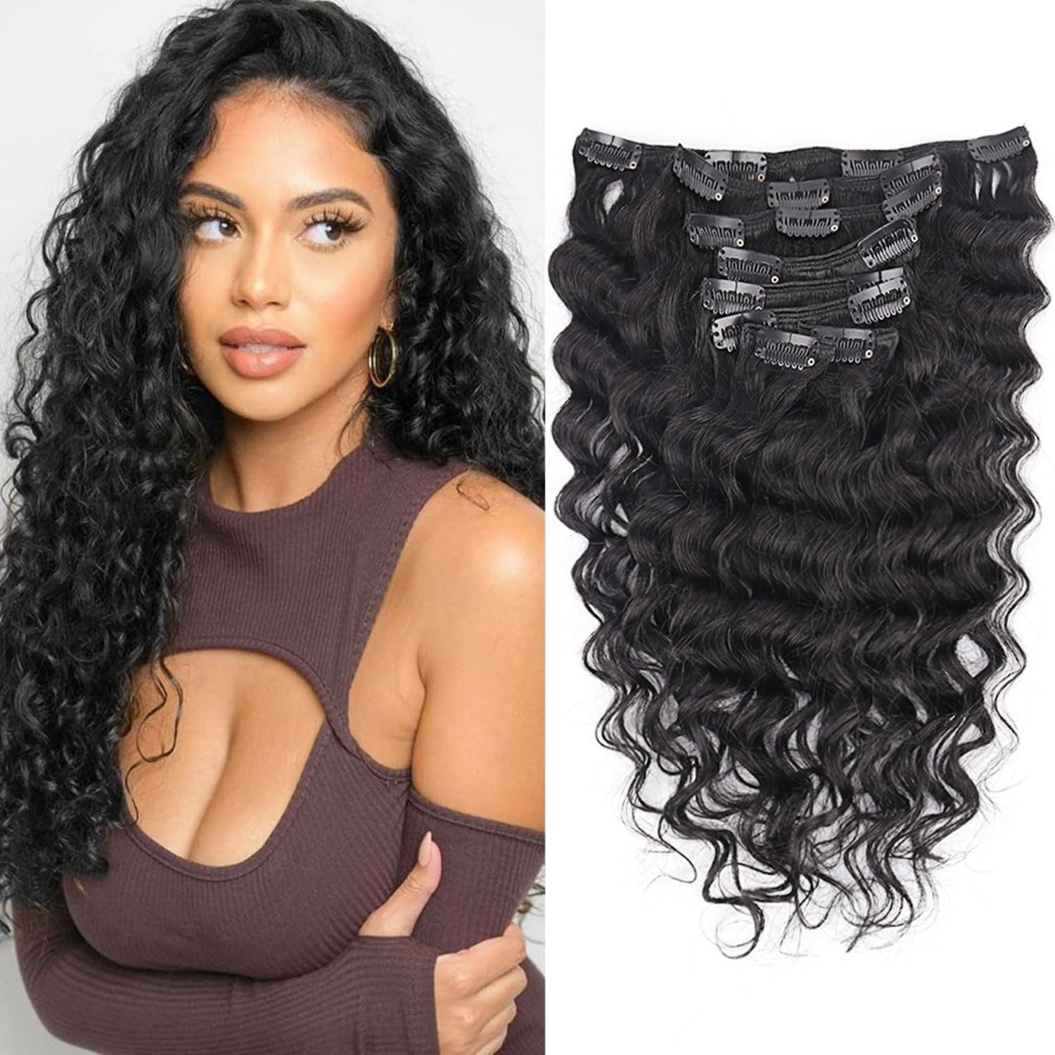 Wepwcod Deep Curly Hair Extensions Clip in Hair Extensions Real Human Hair 8Pcs With 18 Clips Clip in Hair Extensions for Women Deep Curly Clip ins Soft & Natural 120g (Natural Black-Deep