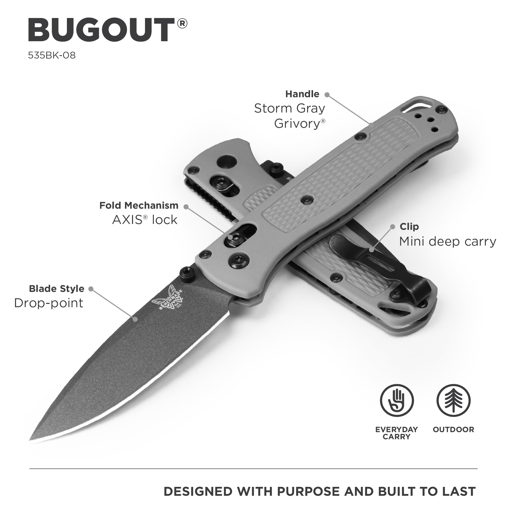 Benchmade - Bugout 535 EDC Knife with Storm Gray Grivory Handle (535BK-08)