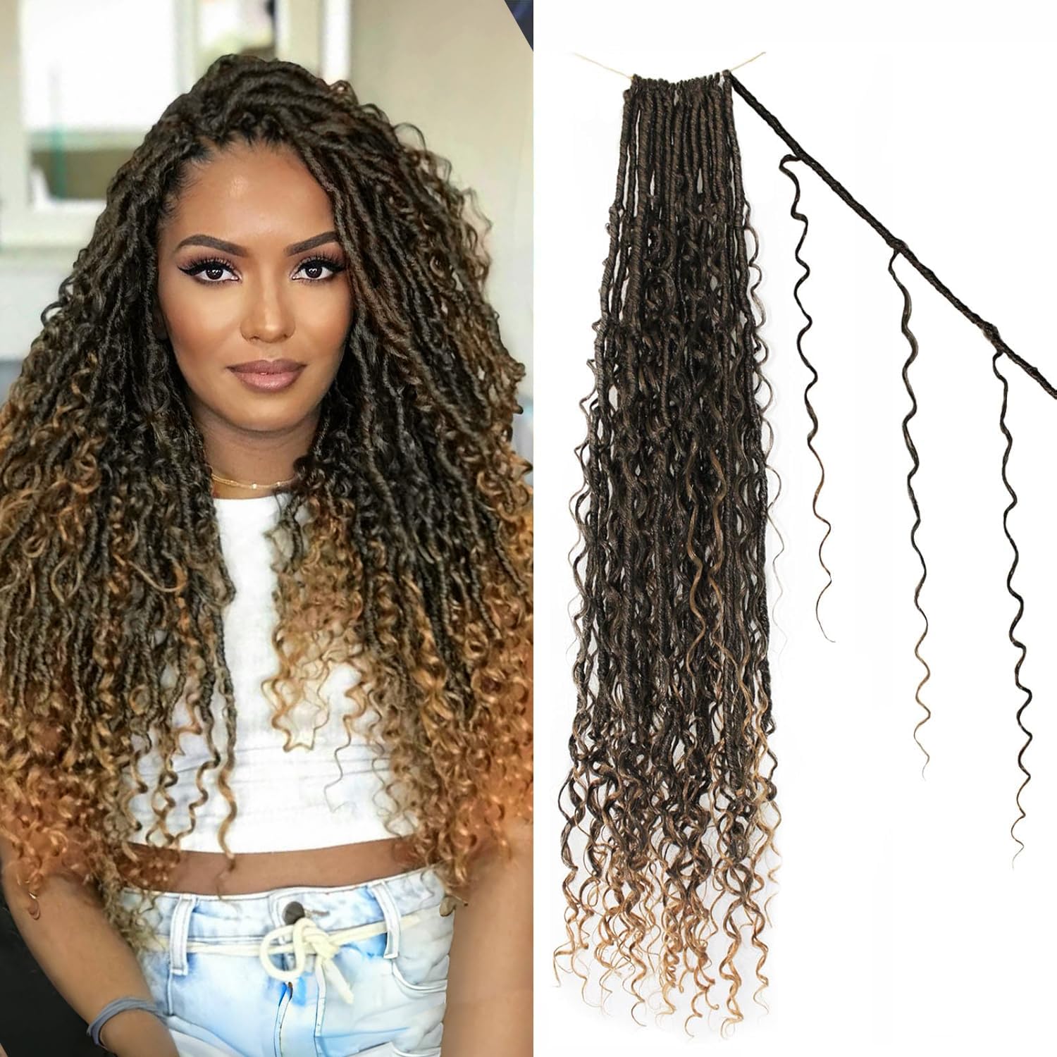 Boho Faux Locs Crochet Hair 24 Inch Goddess Locs 8 Packs Boho Soft Loc Hair with Curly Ends Pre-looped Long Bohemian River Locs Crochet Hair for Black