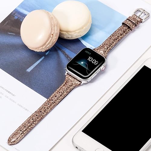 Miniatura 2 de Wearlizer - Correa de repuesto de piel fina con purpurina compatible con correas de Apple Watch de 1.496in, 1.575in, 1.654in, 1.732in, para mujer,