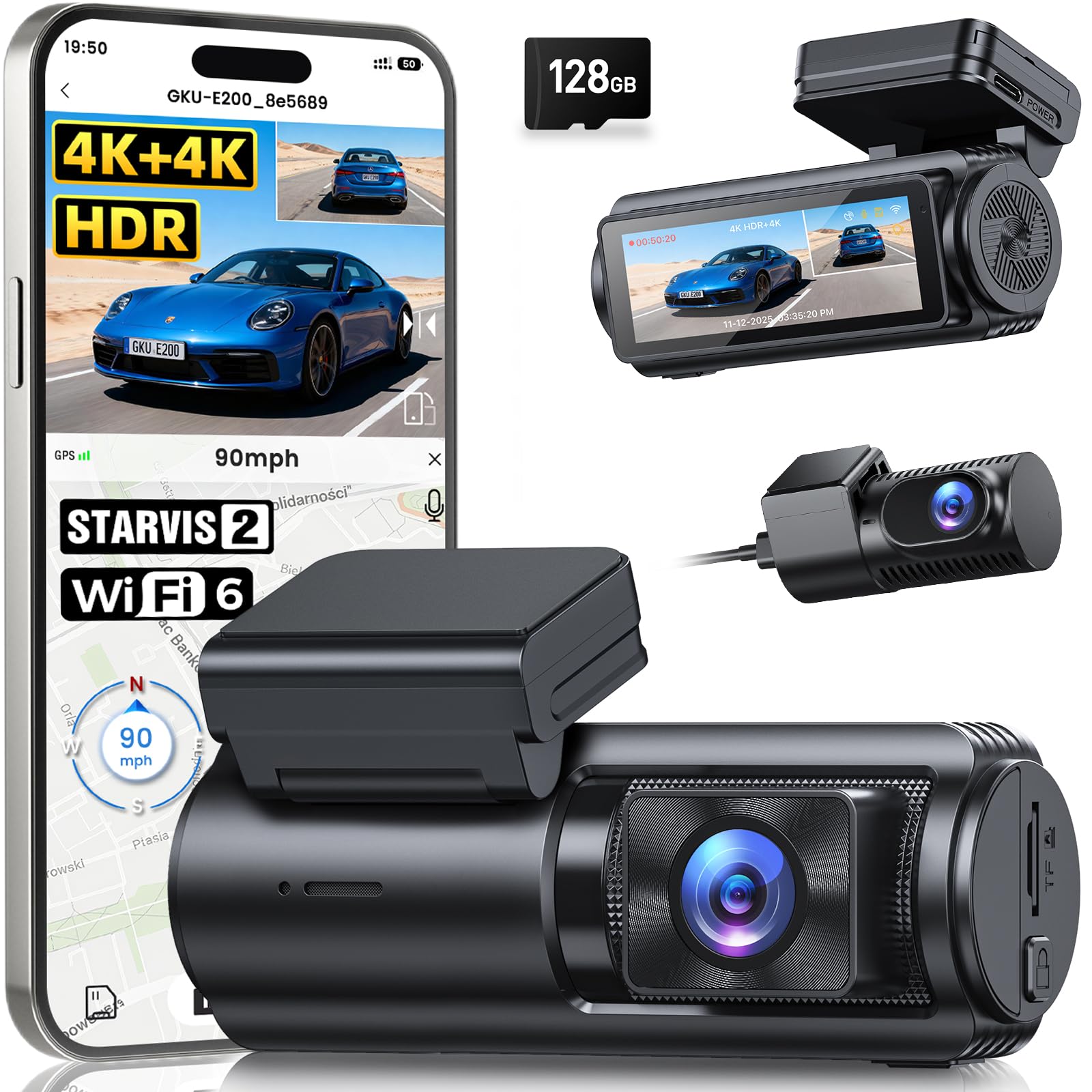 GKU 4K+4K Dash Cam Front and Rear, STARVIS 2 Sensor, 5.8GHz WiFi 6 to 20MB/s dashcam, Built-in GPS, 24/7 Parking Mode, HDR Night Vision, 3" IPS Screen, 128GB Card Included