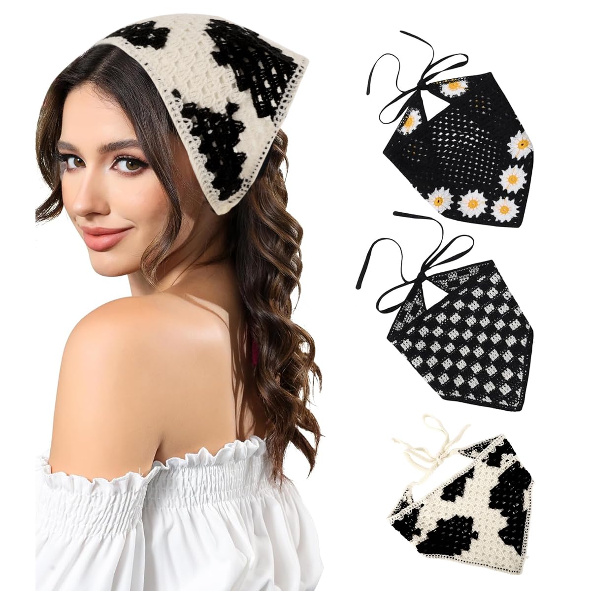 maycreate Crochet Head Scarf Hair Bandanas Women Knit Bandana Headband Scarf Tie-Back Head Coverings Floral Headscarf for Girls-Multicolor-picture-4