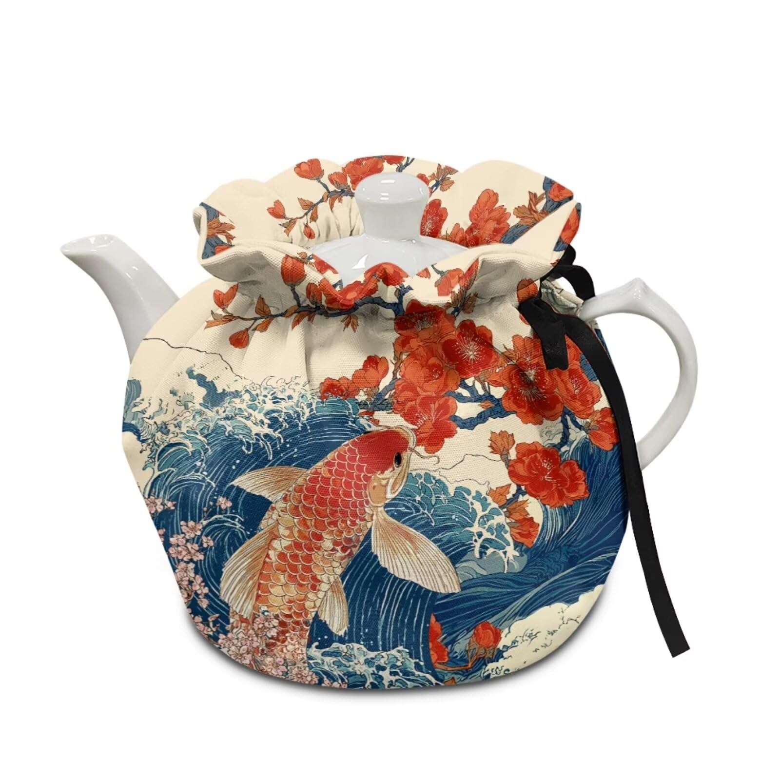 Poceacles Tea Cosy for Teapots Dust Cover Heat Resistant Tea Kettle Dust Cloth with Insulation Pad Kitchen Table Top Decor, Koi Fish Floral Sea Wave Beige Blue Red