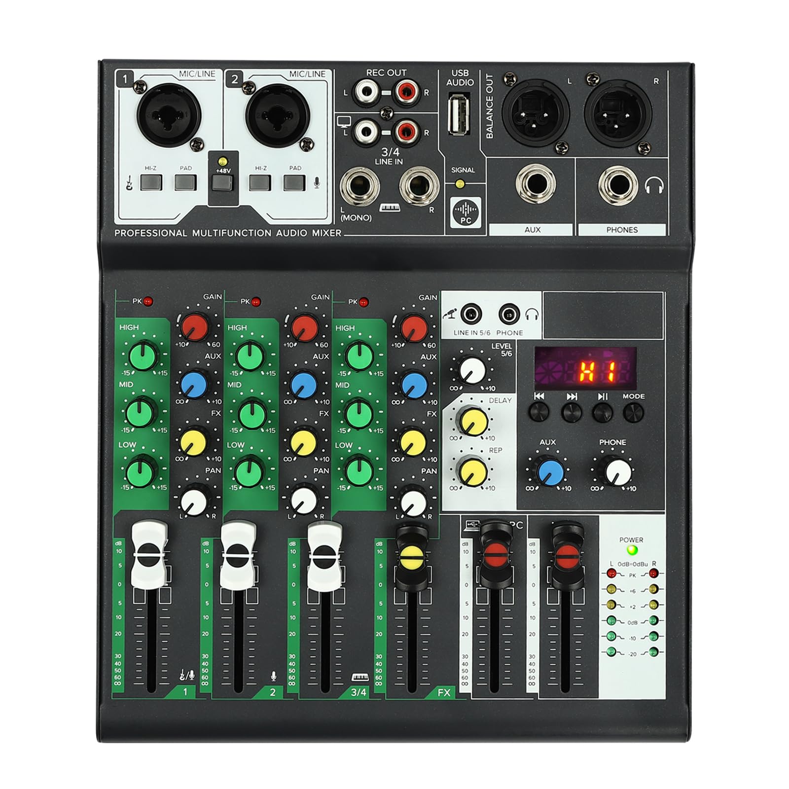Mixer DJ a 4 canali con Bluetooth, USB e alimentazione phantom da 48 V, interfaccia audio compatta con 4 effetti sonori (High/Mid/Low/Reverb), mixer per studio domestico, spettacoli dal vivo, podcast