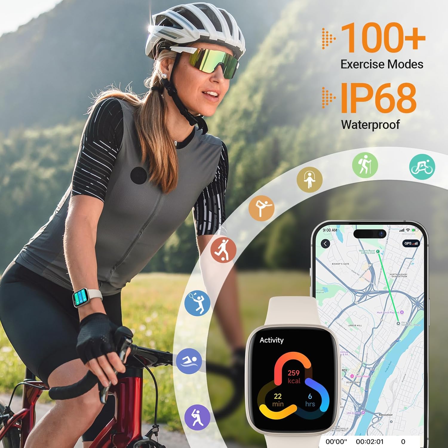 Fitpolo Smart Watch, 1.85" AMOLED Fitness Tracker with Bluetooth Call, Heart Rate/Sleep/SPO₂ Monitor, 100+ Sports Modes, 3ATM Waterproof Smartwatch for Android/iPhone/Samsung, Includes 2 Bands